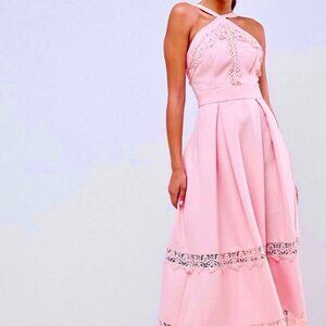 Dress 10 P- ASOS True Decadence Skater Fit Flare Pink Crochet Lace Boho Midi/Tea